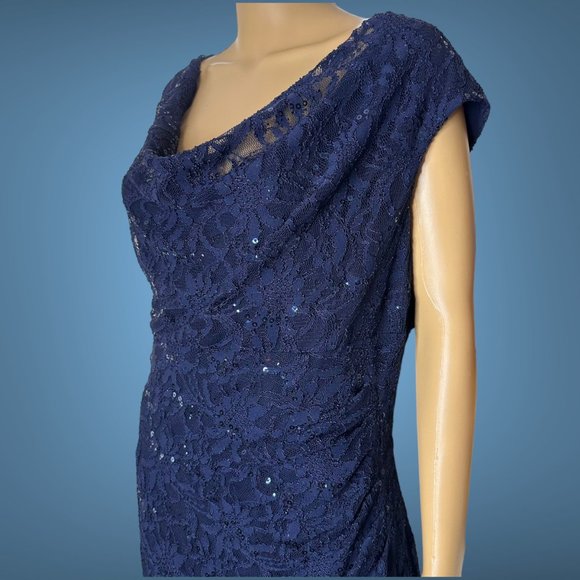 Ralph Lauren|Sheath Long Dress|Size 10|Navy Blue|Full Lace|Sequin|Lined|Stretch - Picture 9 of 16